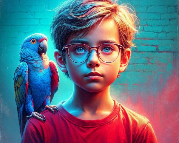 Young boy with parrot against colorful backdrop