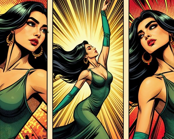 Comic-Style Artwork of Confident Woman in Green Gown