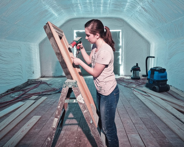 Young Woman Woodworking with Power Drill in Minimalist Space