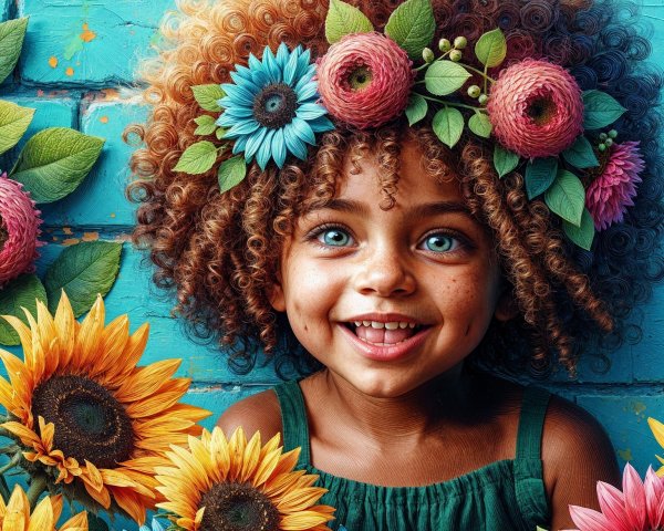 Joyful Child Surrounded by Flowers and Sunflowers