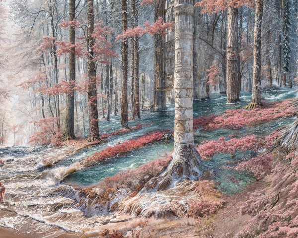 Serene forest scene with tall trees and gentle stream