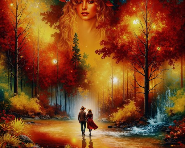 Couple Strolling by a River Amid Autumn Foliage