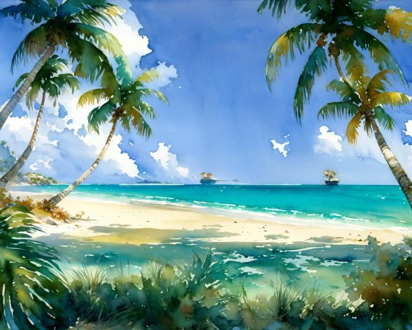 Tropical Beach Scene with Waves and Palm Trees