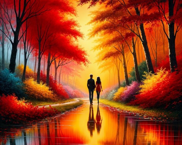 Autumn Landscape with Couple by Serene Waterway