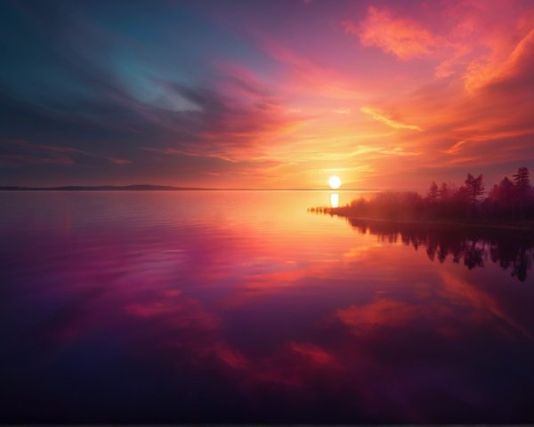 Vibrant Sunset Over Calm Waters with Silhouetted Trees