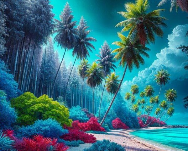 Vibrant Tropical Landscape with Lush Foliage and Light
