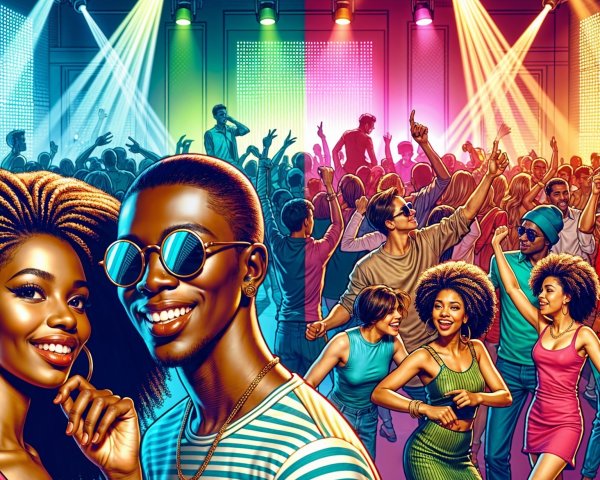 Vibrant Party Scene with Lively Dancers and Colorful Lights