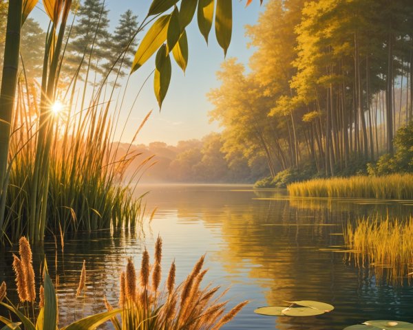 Serene Landscape with Calm Lake and Lush Greenery