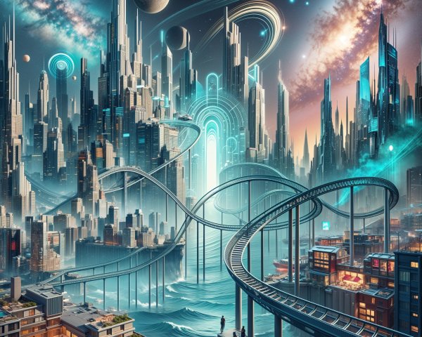 Futuristic cityscape with skyscrapers and cosmic elements