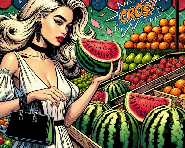 Stylish Woman in Fruit Market with Watermelon Slice