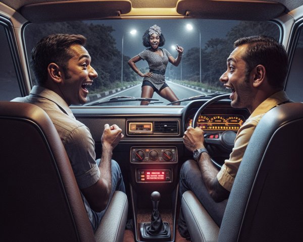Vintage Car Interior with Joyful Men and Performer