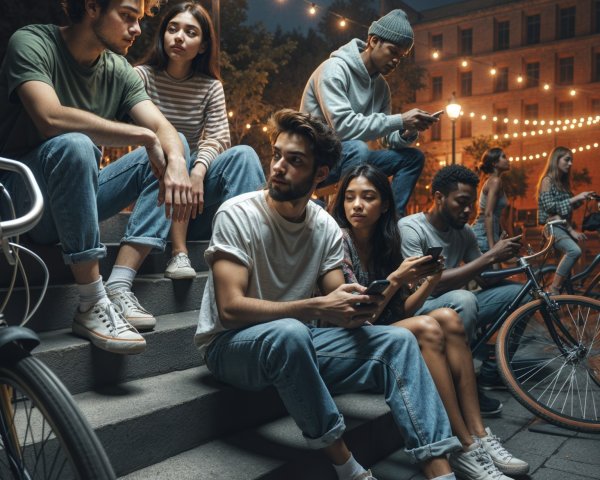 Young Adults Socializing on Stone Steps at Night