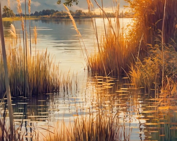Serene Lakeside Scene at Sunset with Golden Reflections