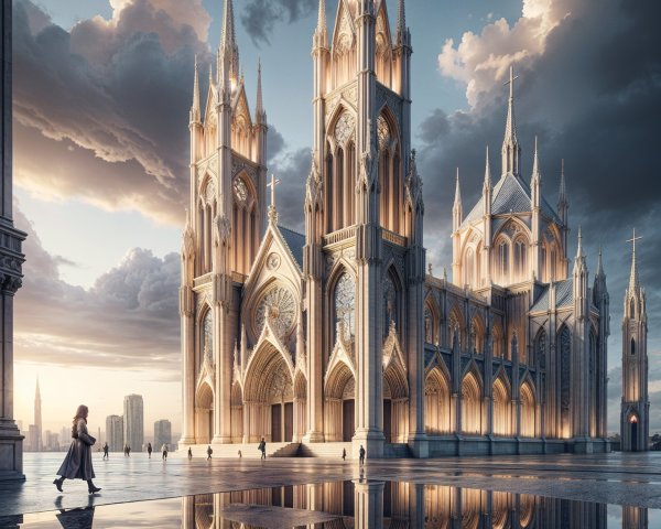 Gothic Cathedral Against Dramatic Sky and Reflection