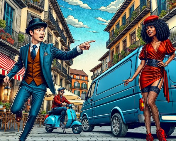 Vibrant Street Scene with Stylish Characters and Cafés