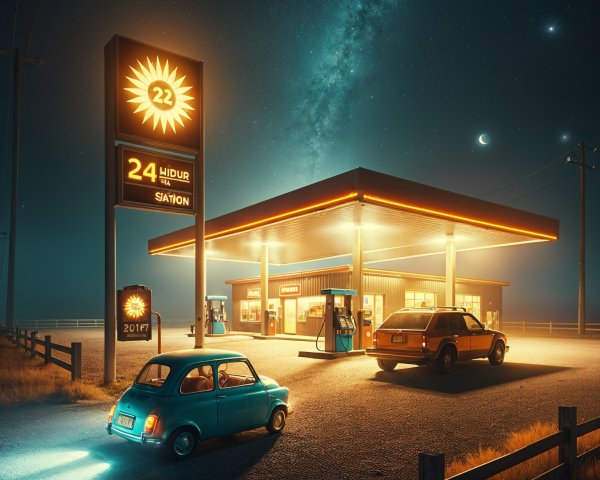 Retro Gas Station Under Starlit Sky with Neon Lights