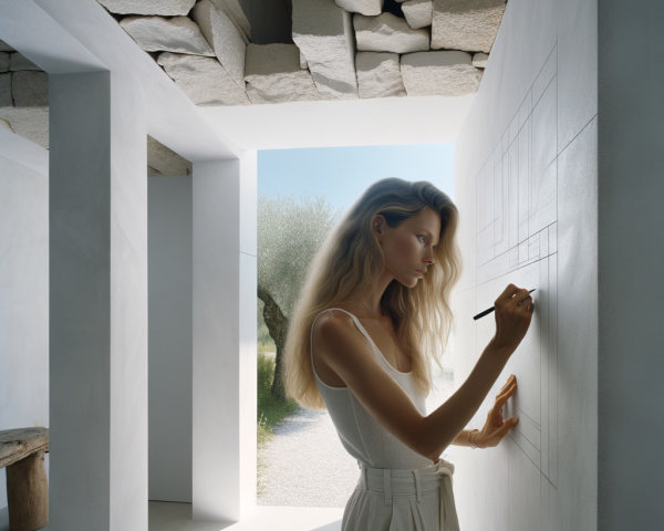 Minimalist Room with Woman Sketching on White Wall