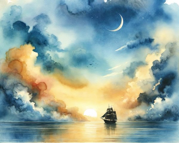 Serene Seascape with Ship and Colorful Sunset Sky