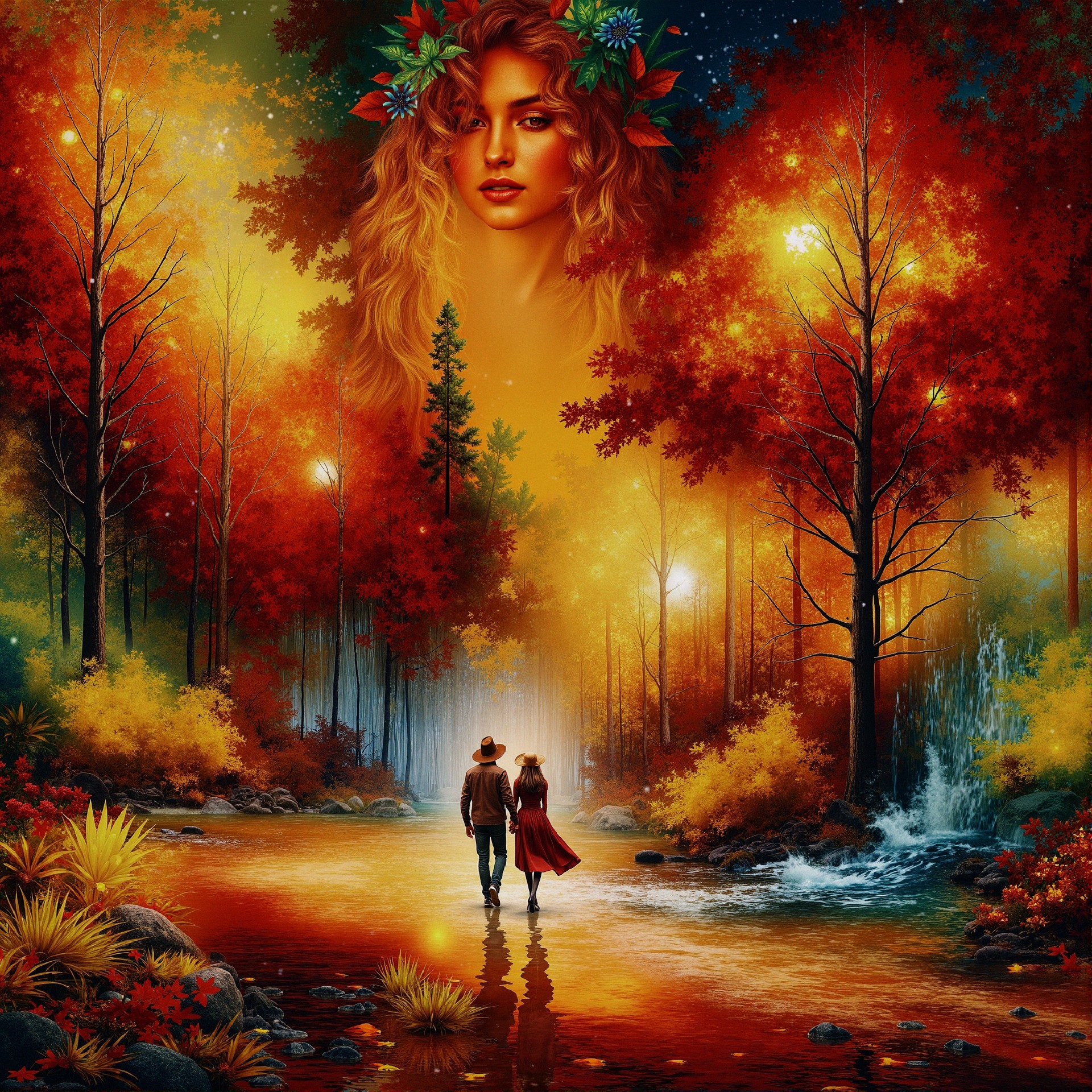 Couple Strolling by a River Amid Autumn Foliage