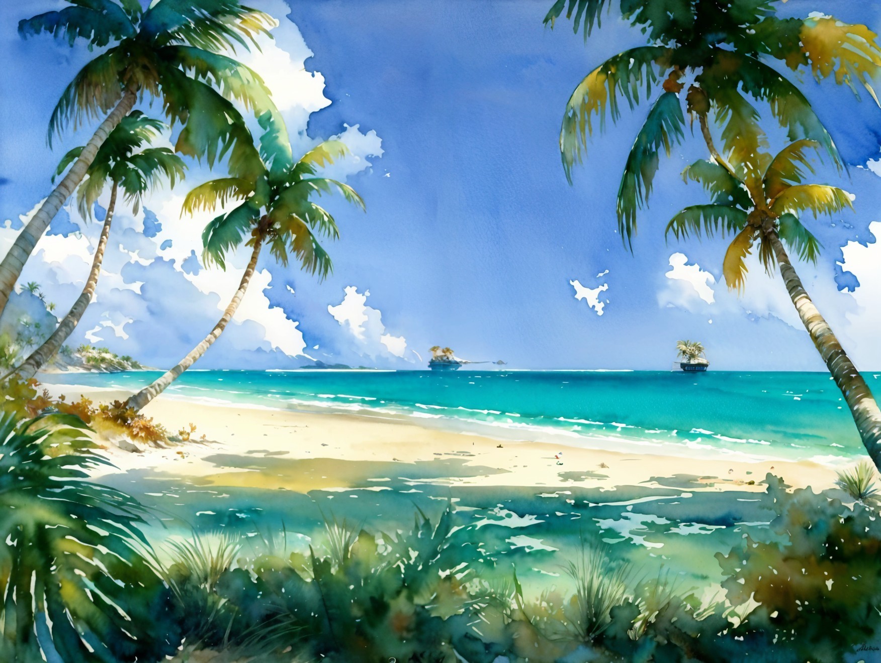Tropical Beach Scene with Waves and Palm Trees