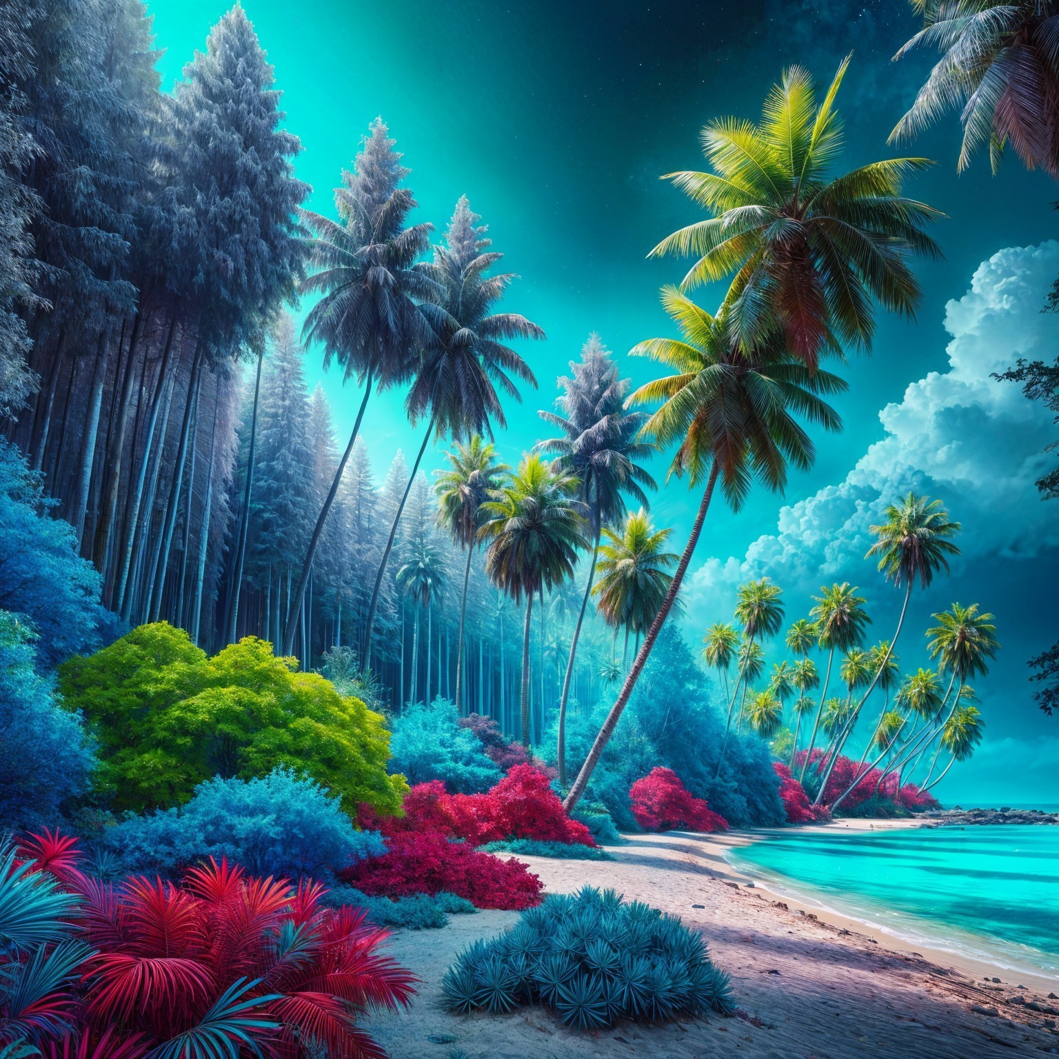 Vibrant Tropical Landscape with Lush Foliage and Light