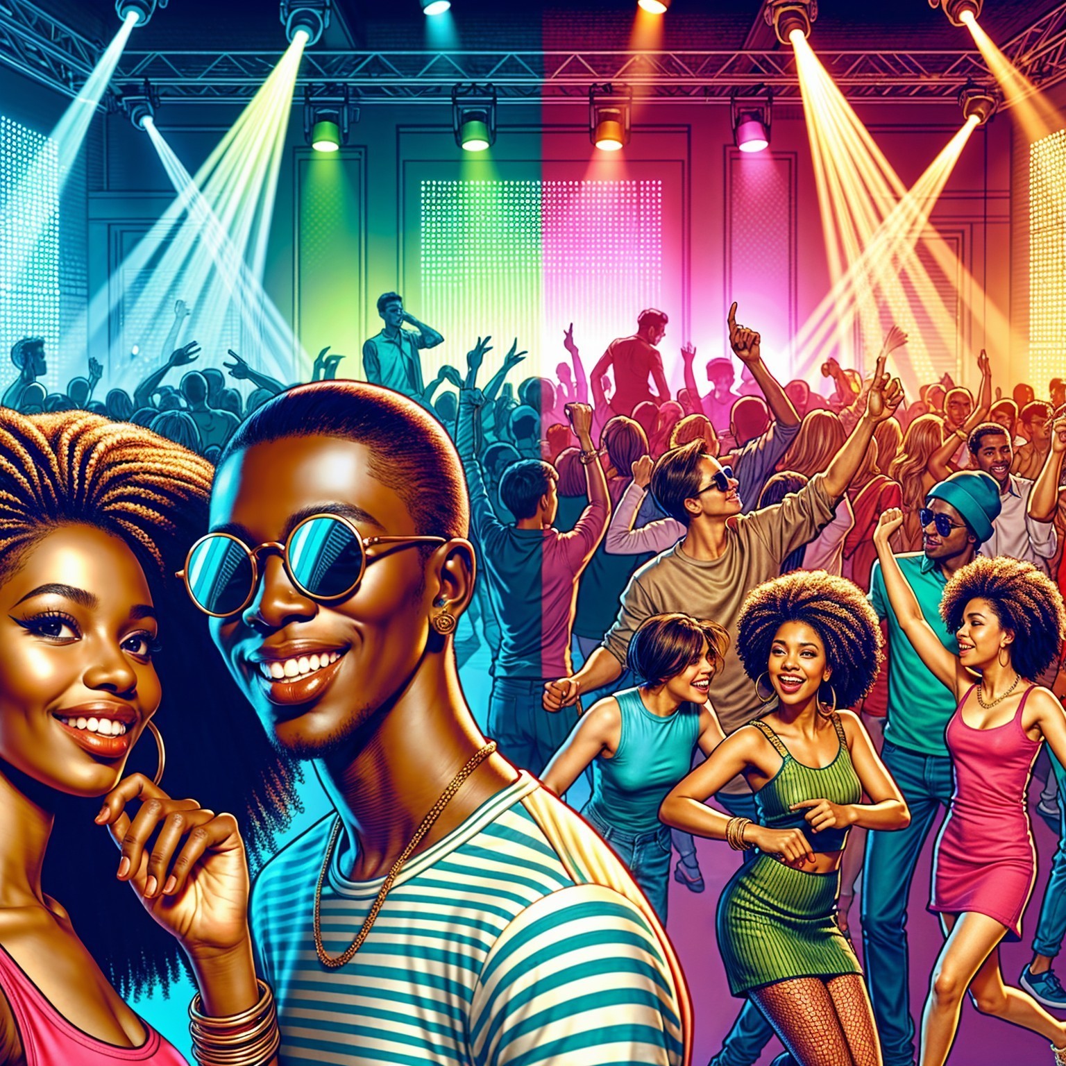Vibrant Party Scene with Lively Dancers and Colorful Lights