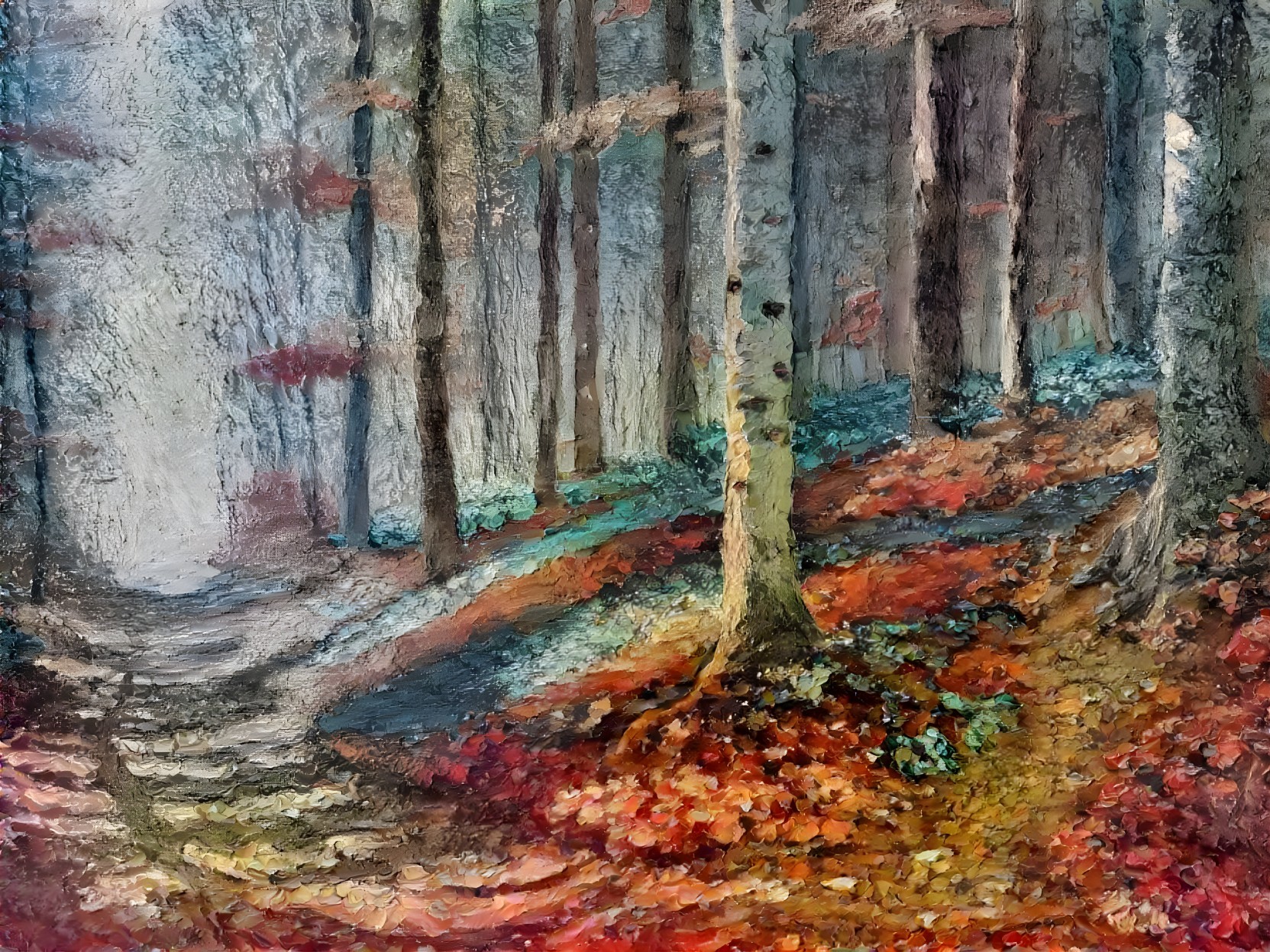Vibrant forest path with autumn foliage and mist