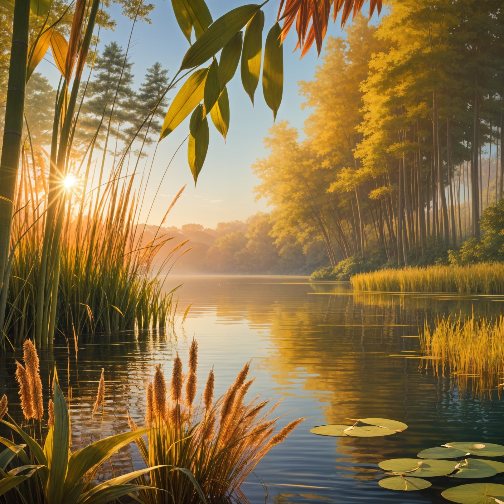 Serene Landscape with Calm Lake and Lush Greenery