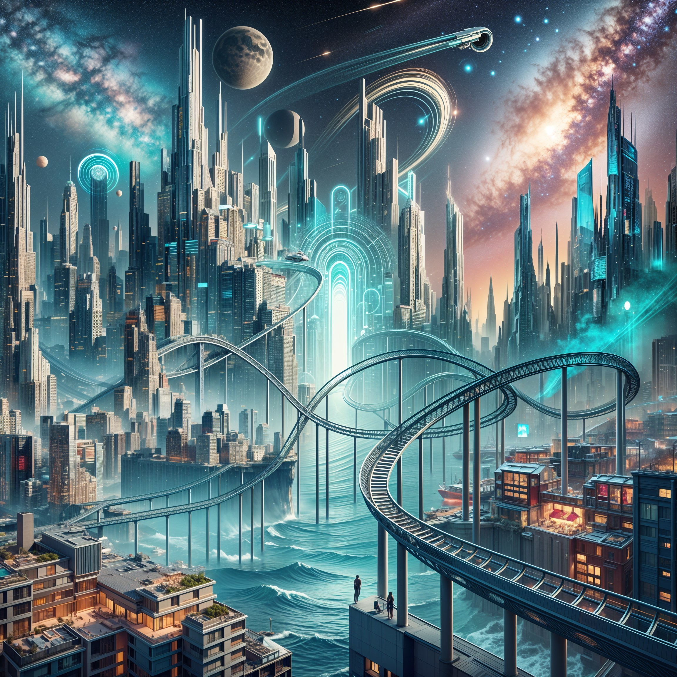 Futuristic cityscape with skyscrapers and cosmic elements