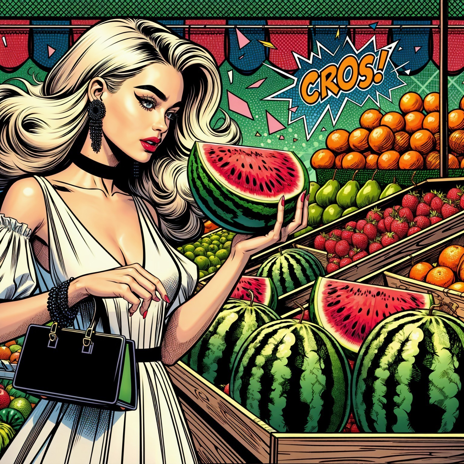 Stylish Woman in Fruit Market with Watermelon Slice