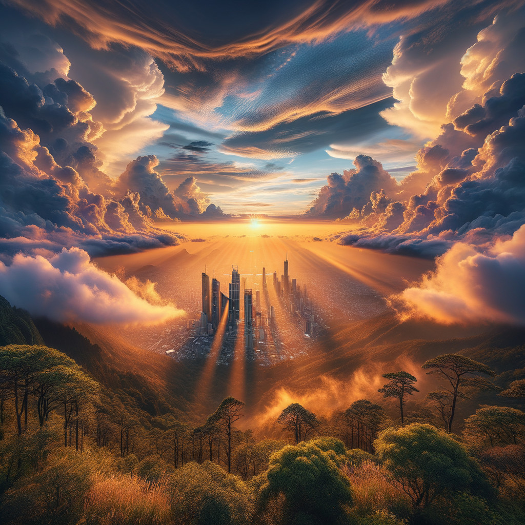 Golden Sunrise Over City Skyline and Mountains
