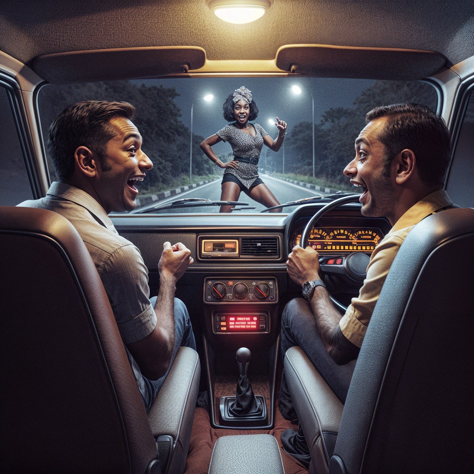 Vintage Car Interior with Joyful Men and Performer