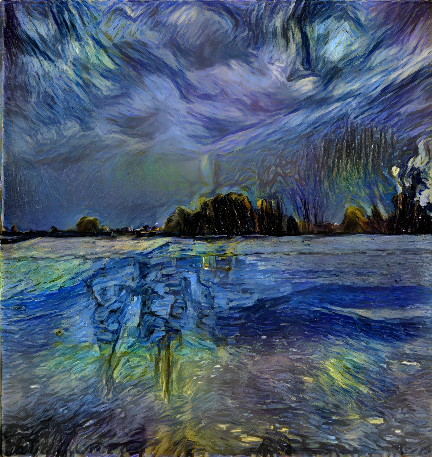 Vibrant Landscape Painting with Water and Dynamic Sky