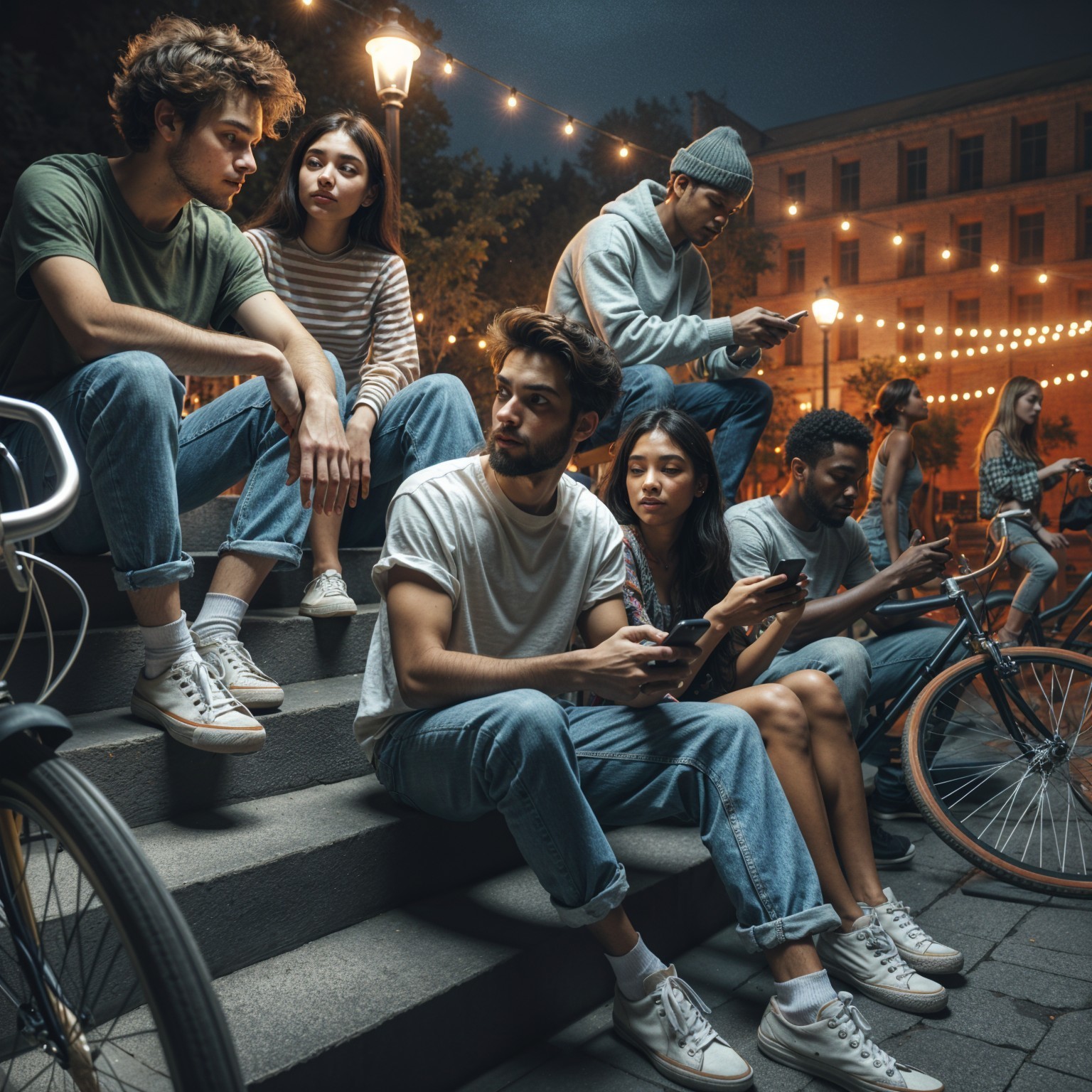Young Adults Socializing on Stone Steps at Night