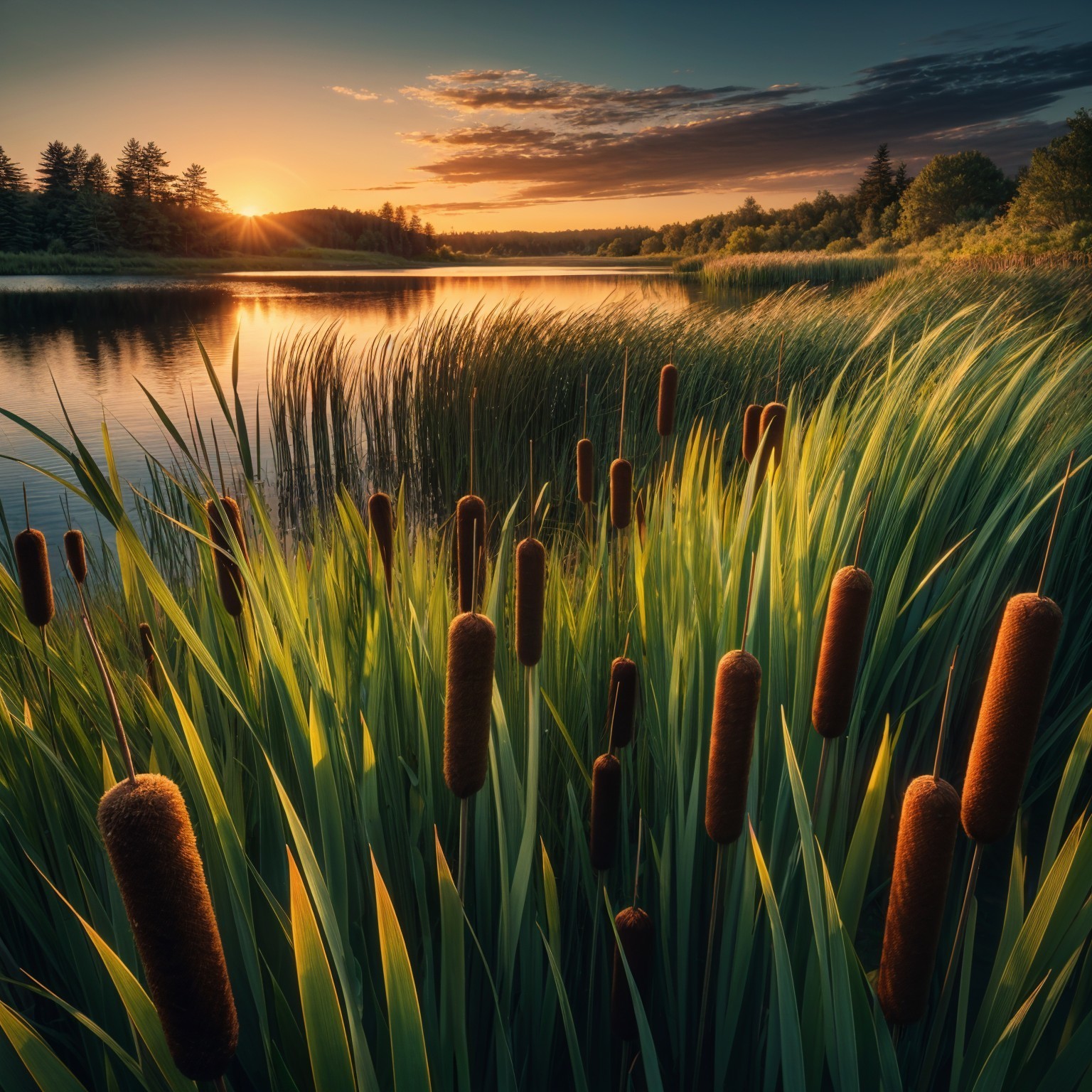 Tranquil Sunset Landscape with Cattails and Lake