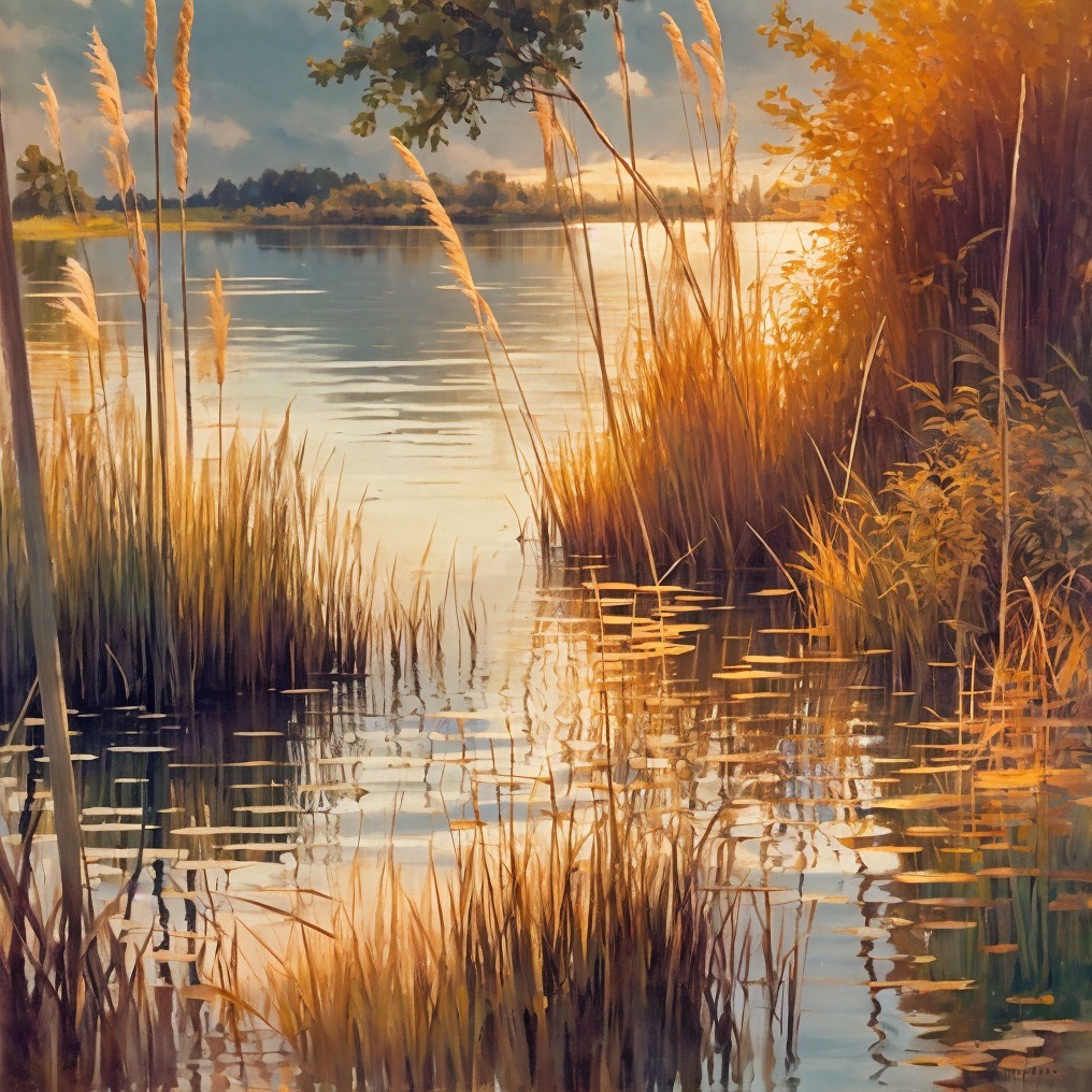 Serene Lakeside Scene at Sunset with Golden Reflections