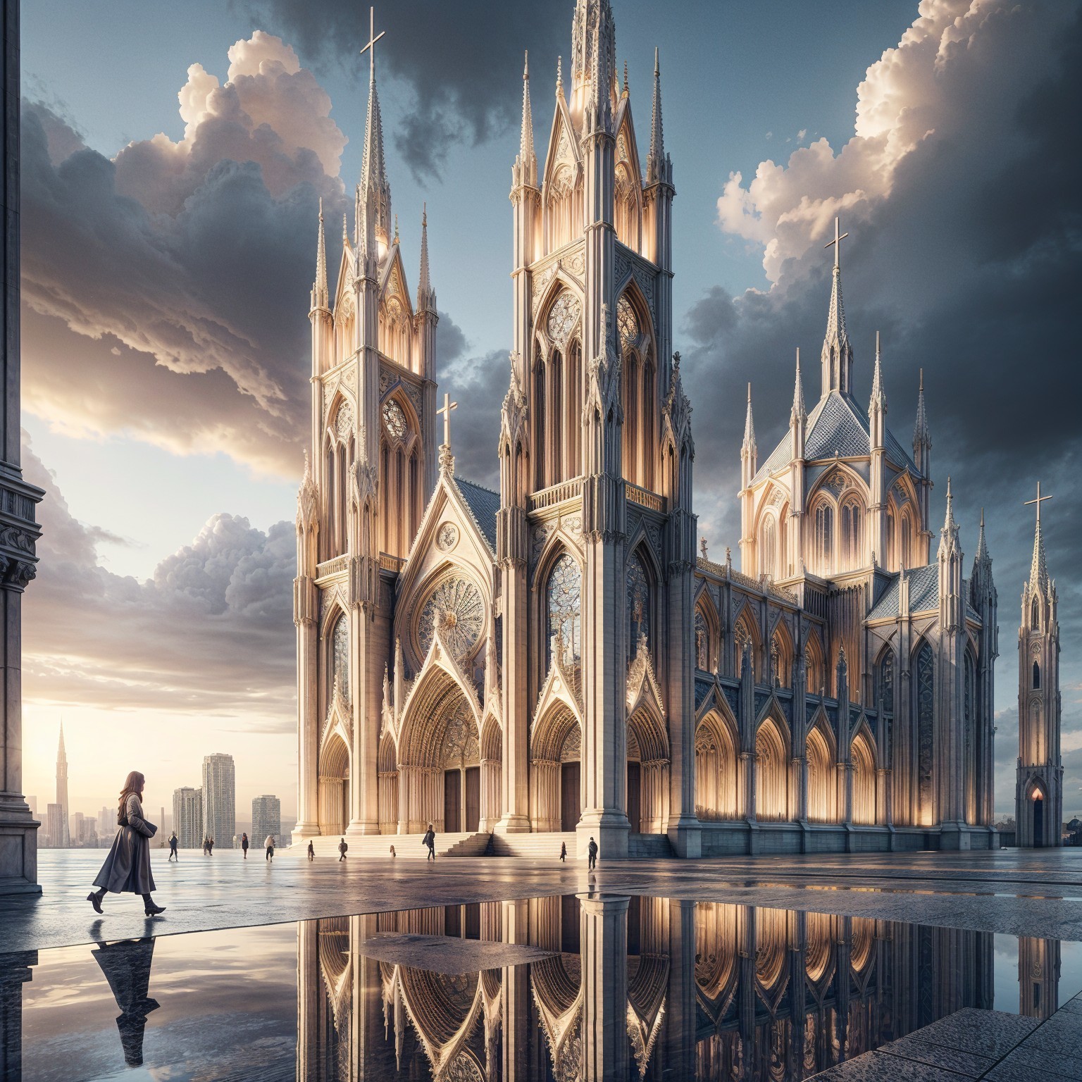 Gothic Cathedral Against Dramatic Sky and Reflection