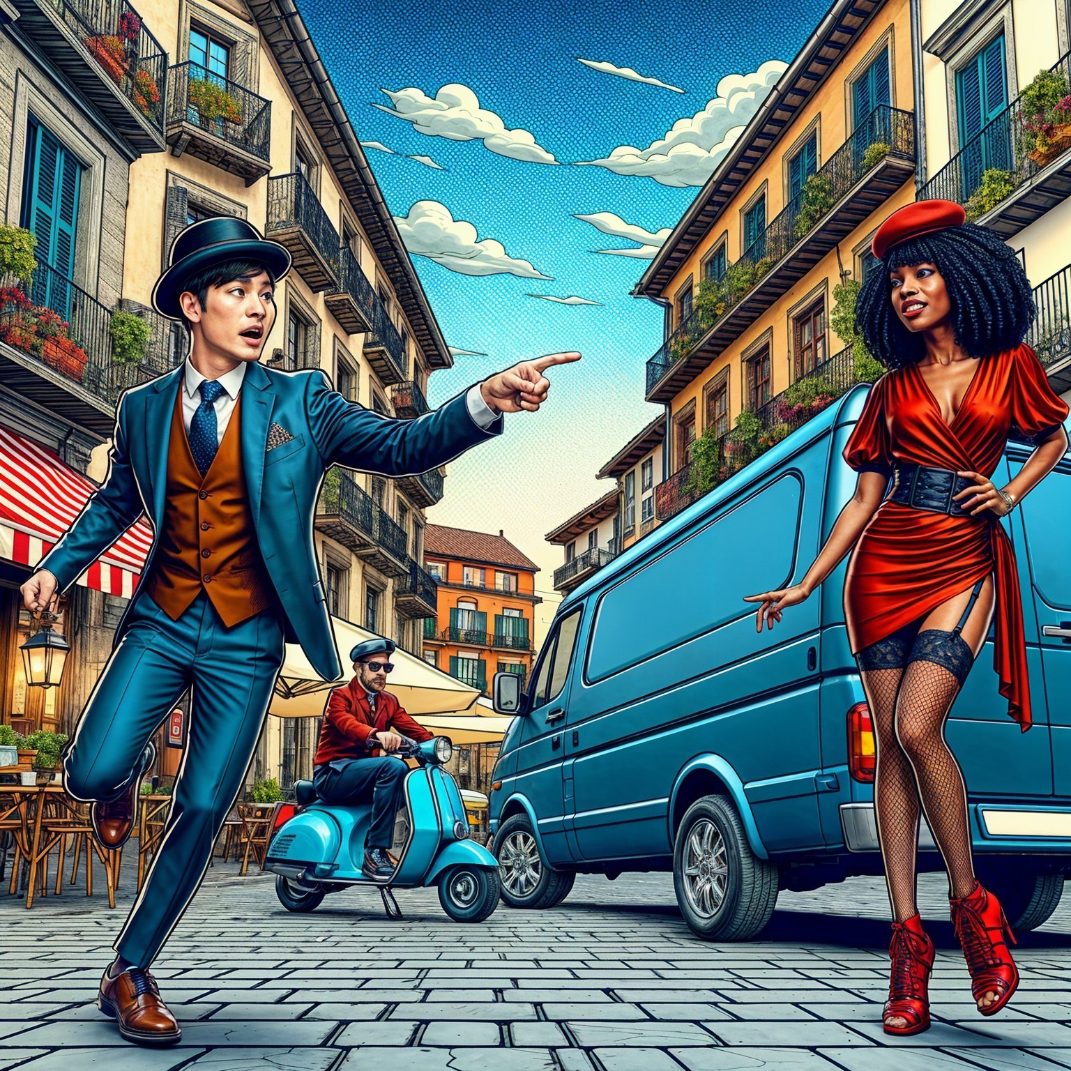 Vibrant Street Scene with Stylish Characters and Cafés