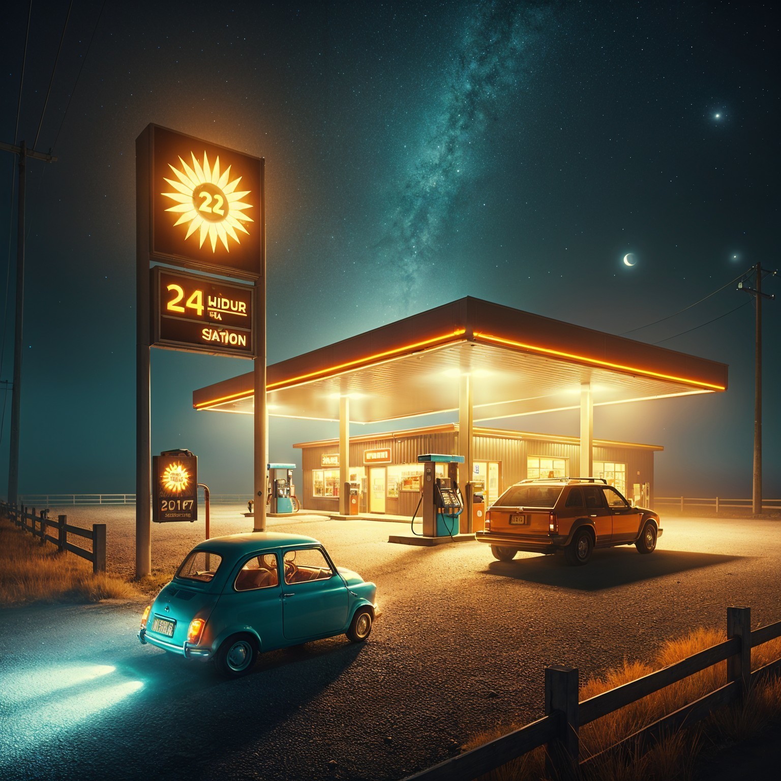 Retro Gas Station Under Starlit Sky with Neon Lights