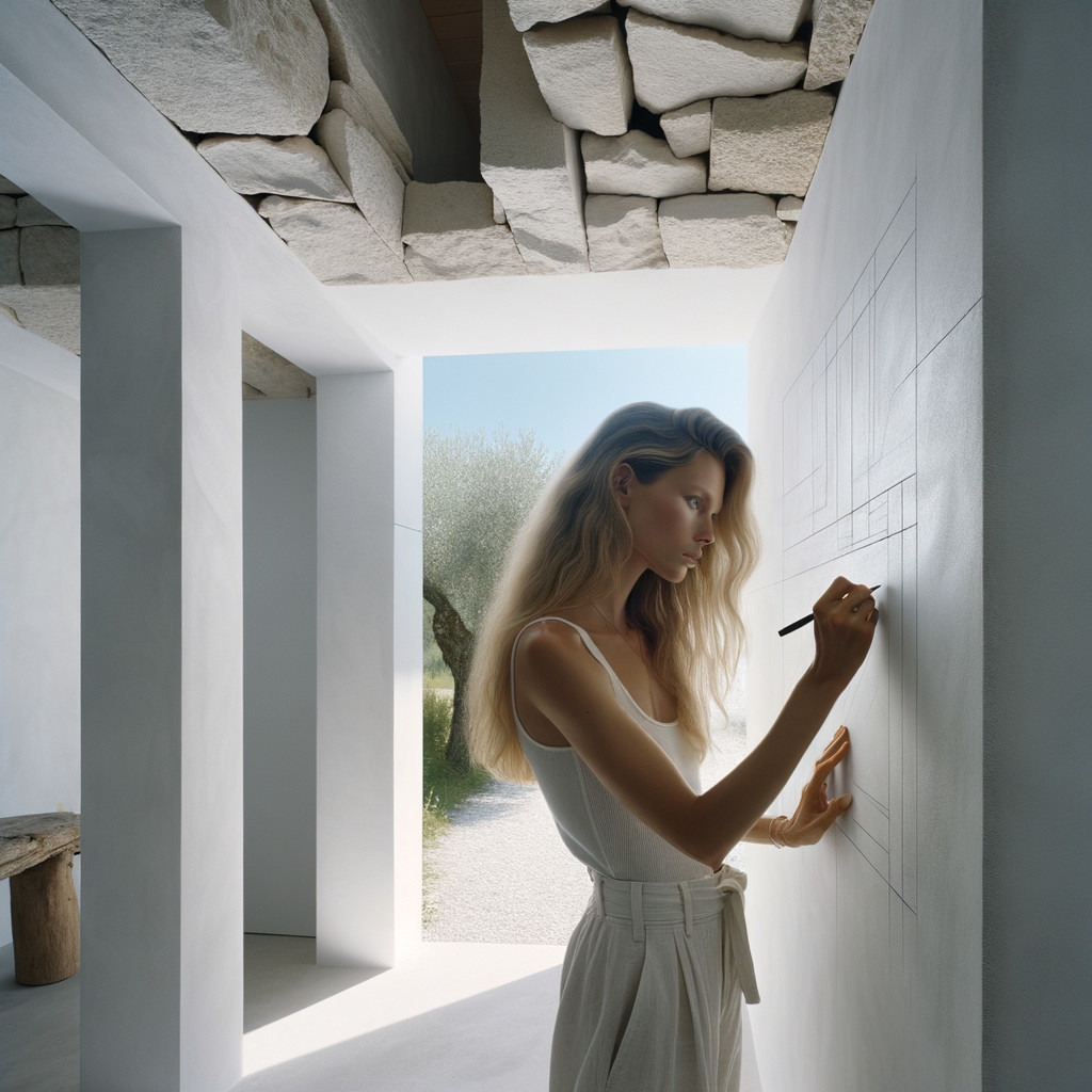 Minimalist Room with Woman Sketching on White Wall