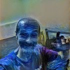 Cheerful man with thumbs-up in vibrant blue tones