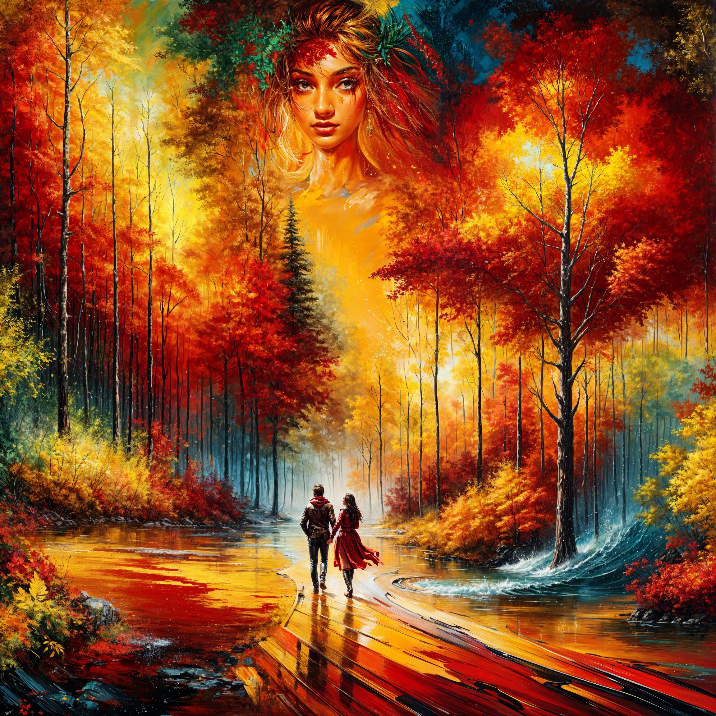 Vibrant Autumn Landscape with Winding River and Trees