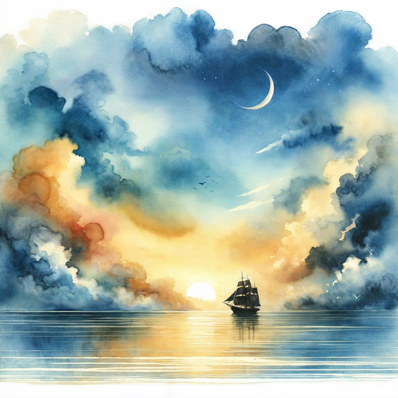 Serene Seascape with Ship and Colorful Sunset Sky