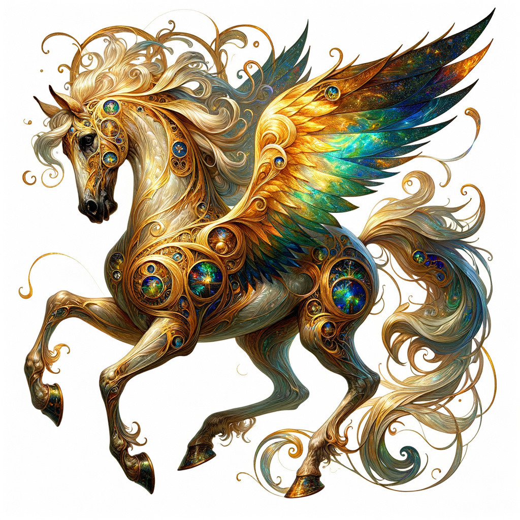 Golden-winged horse in whimsical celestial design