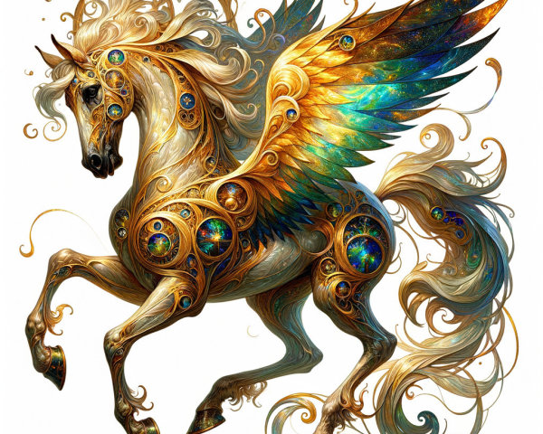 Golden-winged horse in whimsical celestial design