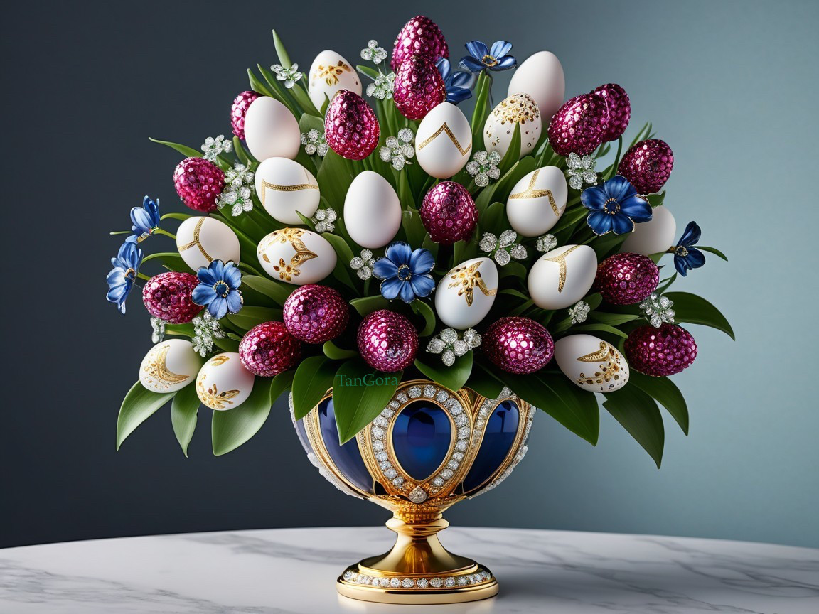 Ornate Floral Arrangement with Decorative Eggs and Flowers