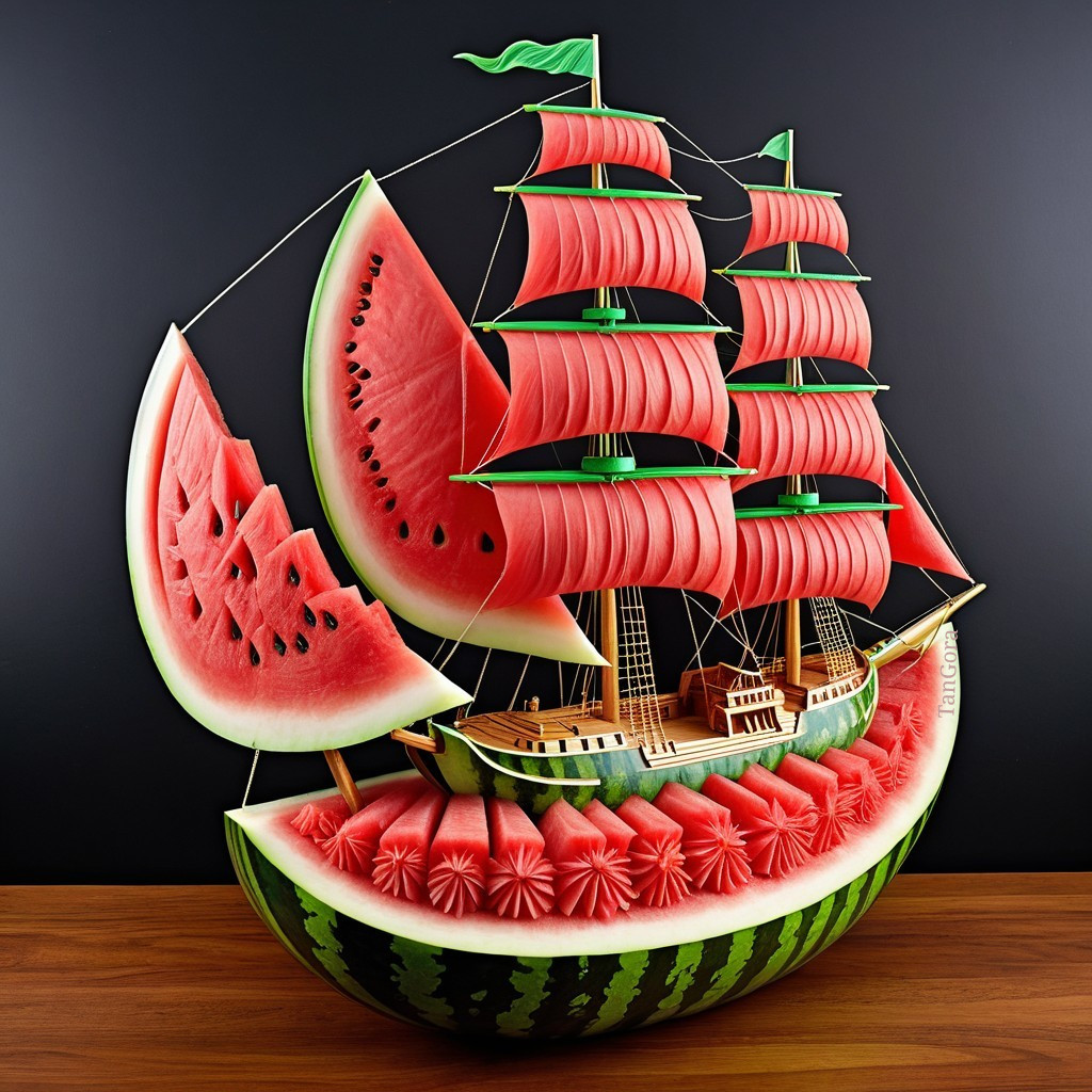 Watermelon Sculpture of a Sailing Ship with Carved Sails