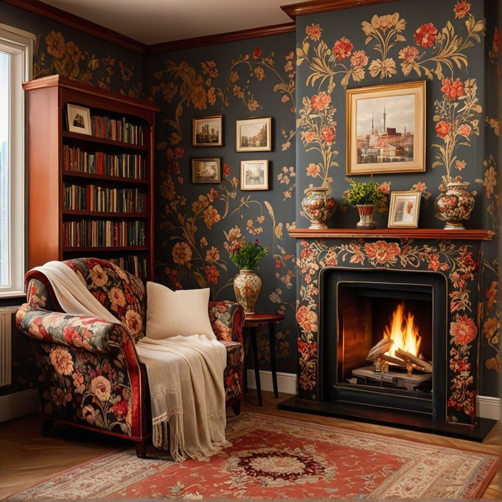 Cozy living room with floral wallpaper and fireplace