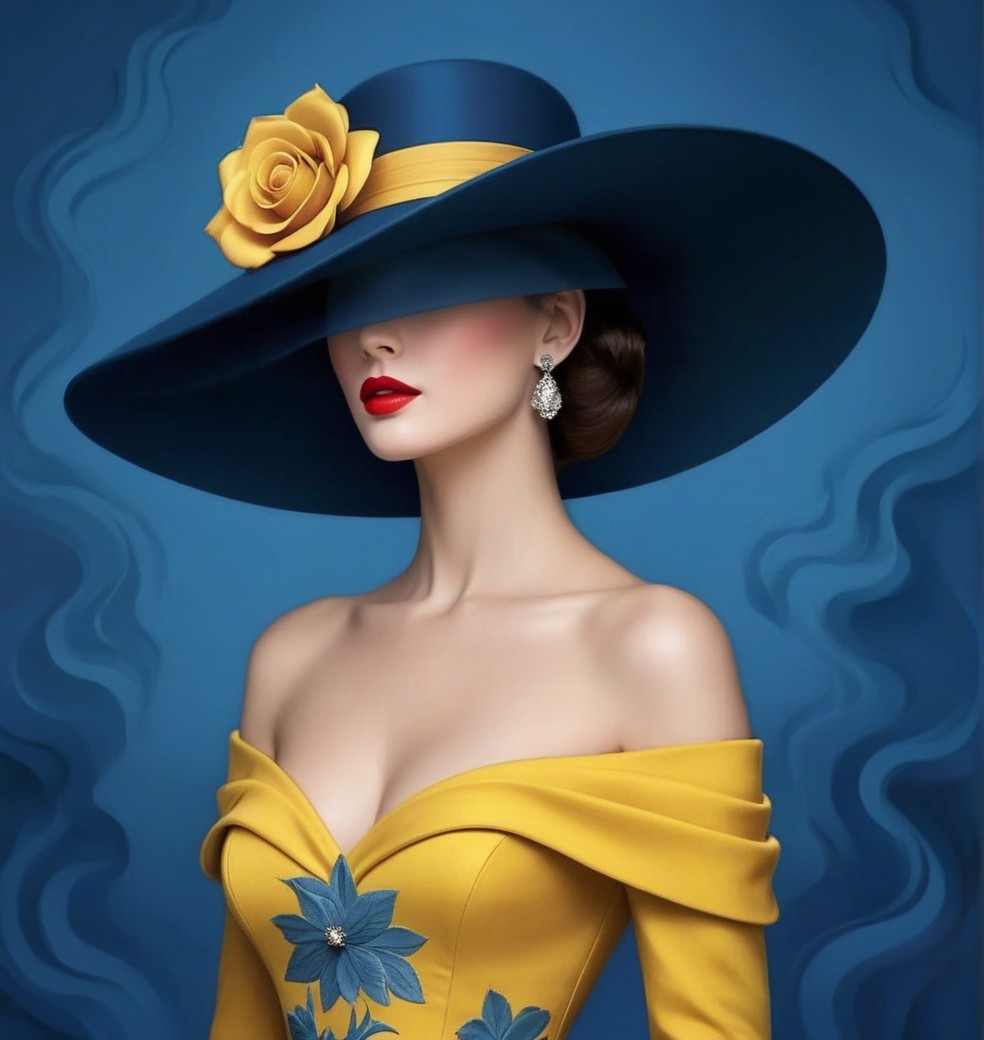 Elegant Woman in Yellow Gown with Dramatic Blue Hat