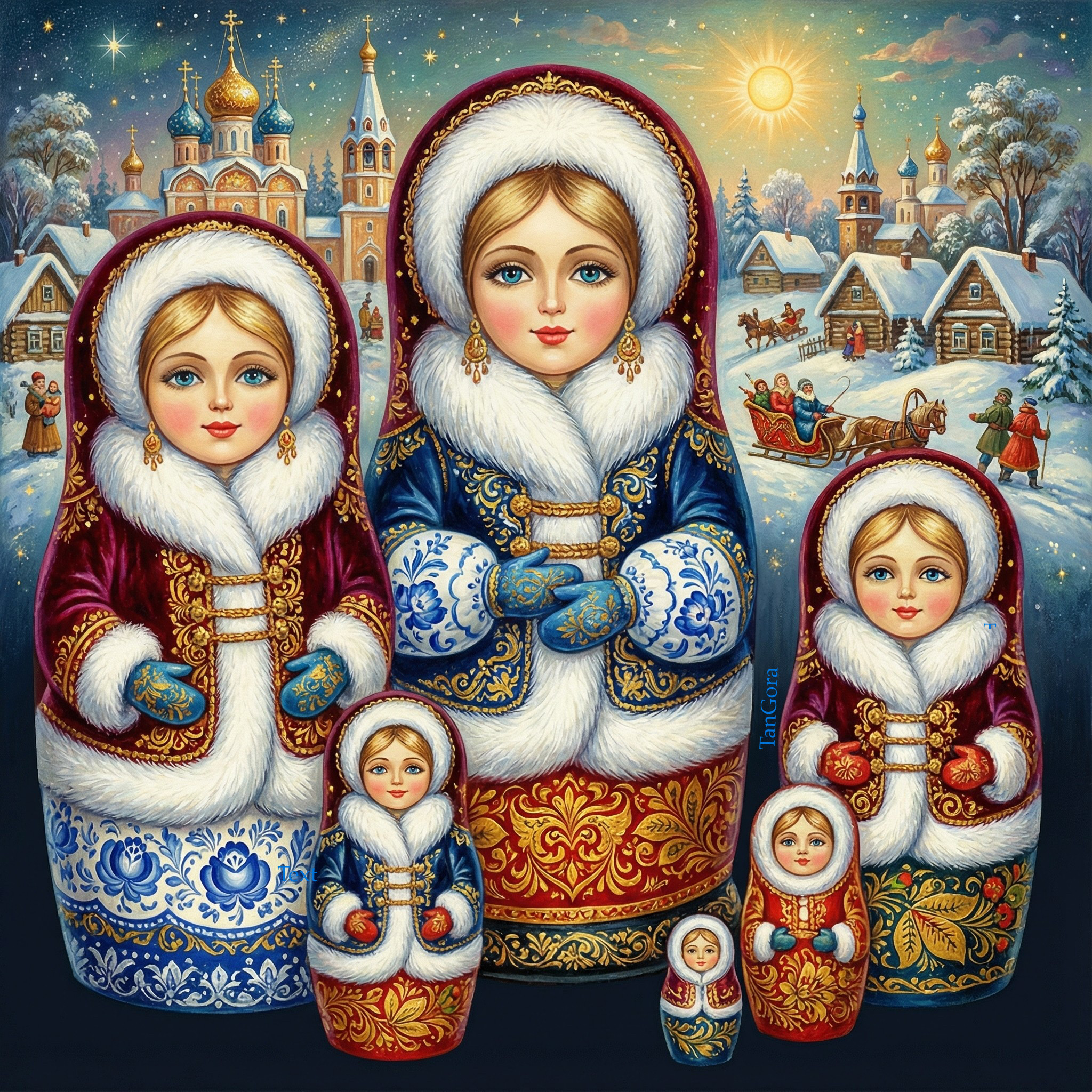 Five intricately designed matryoshka dolls in various coats